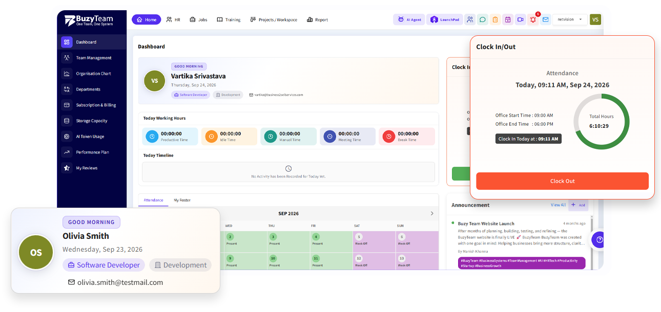 BuzyTeam dashboard showing attendance, working hours, clock in/out and announcements