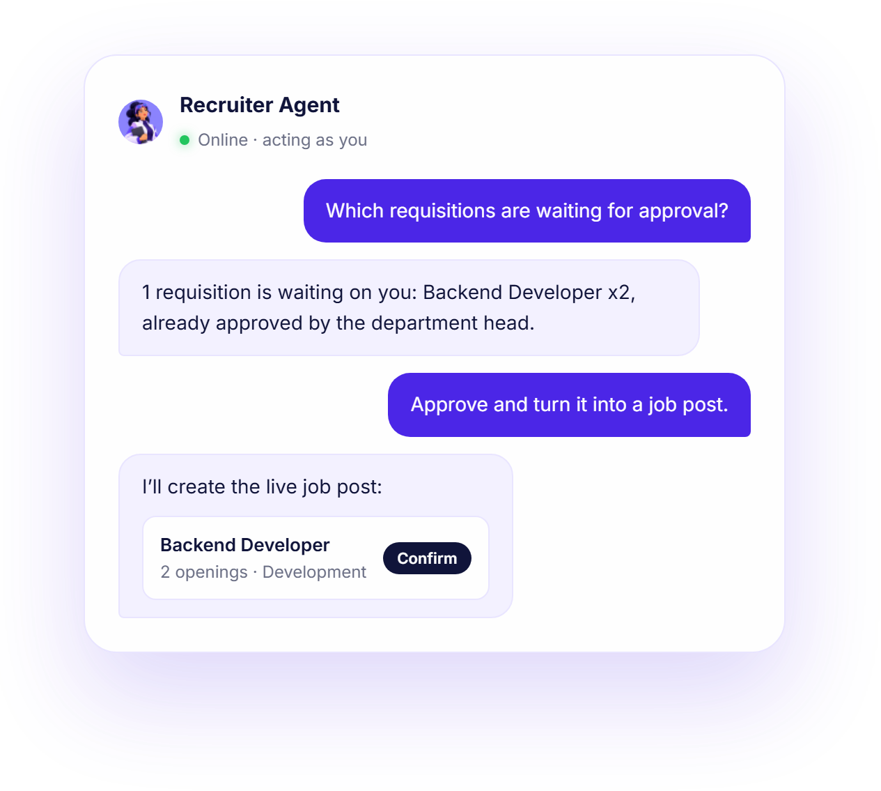 Recruiter Agent conversation turning an approved requisition into a job post