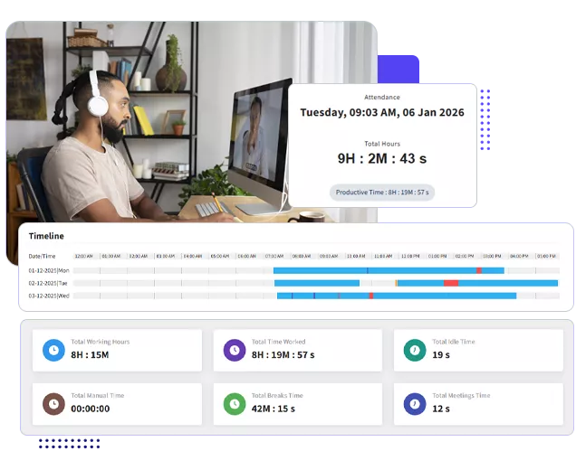 Remote employee on a video call with BuzyTeam attendance, timeline and work hours